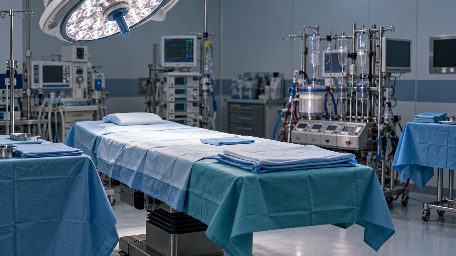 Bloc opératoire cardiaque préparé avant l'intervention, table faite et éclairage allumé