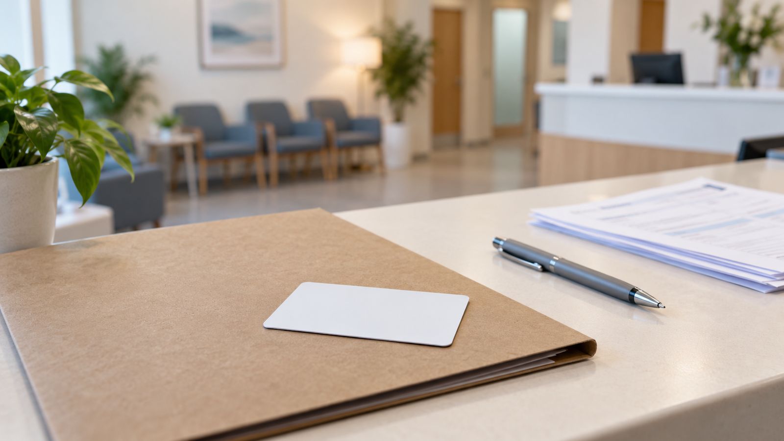 Dossier cartonné fermé et carte vierge posés sur le comptoir d'accueil d'une clinique, salle d'attente en arrière-plan