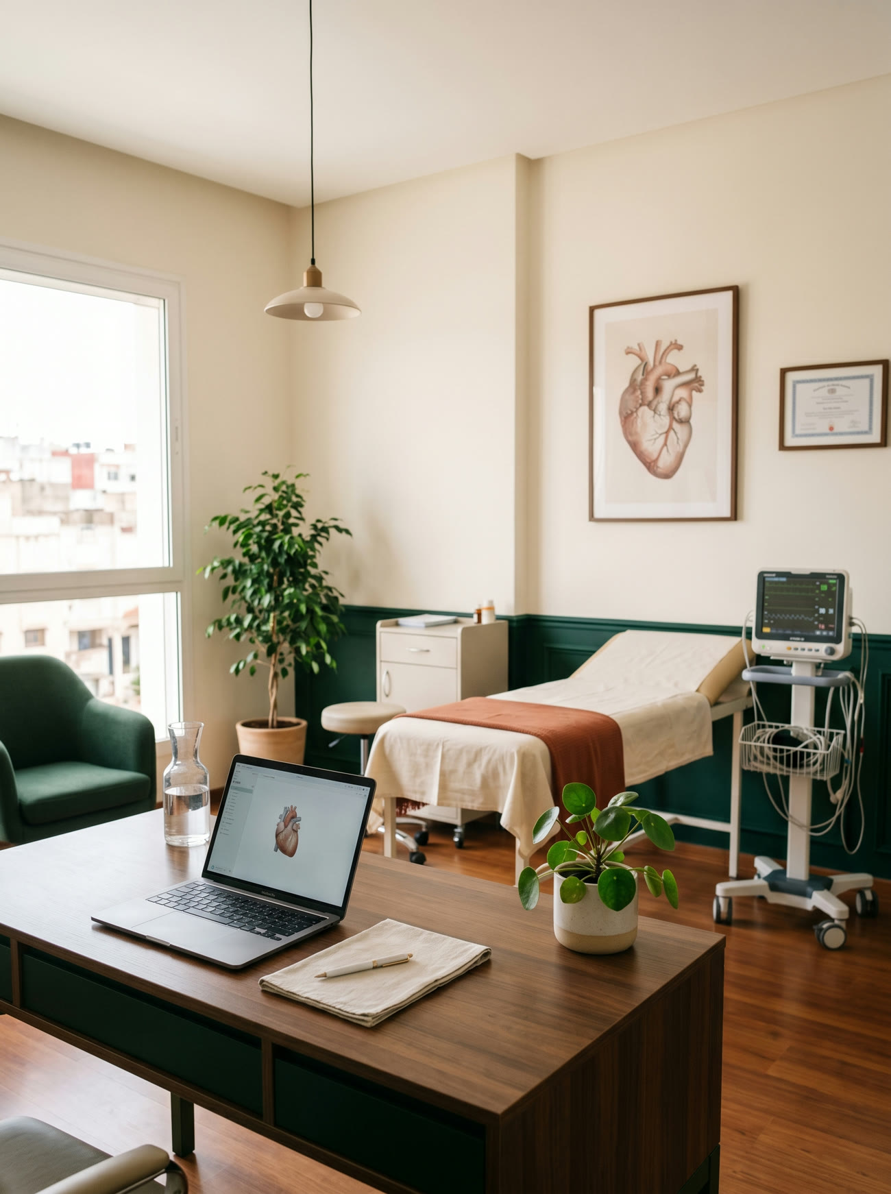 Cabinet du Dr Tber à Tanger : salle de consultation cardio-vasculaire avec bureau, table d'examen et monitoring ECG